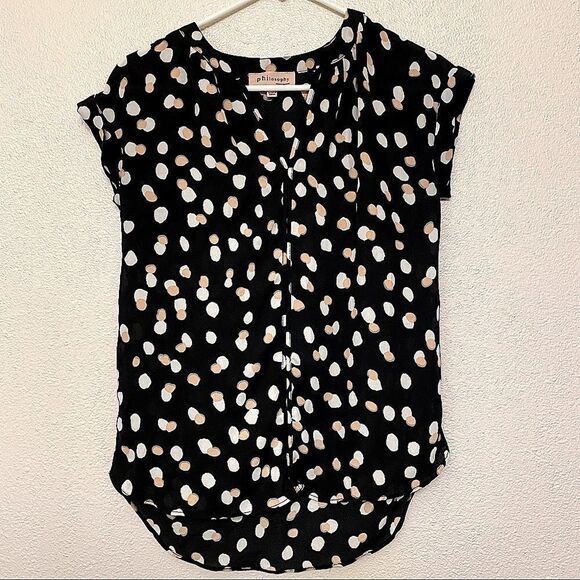 PHILOSOPHY black print Sheer Flowy Blouse Top cuffed sleeves XS - Picture 2 of 11
